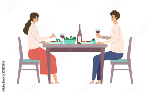 Vector illustration of a couple eating dinner together. People doing housework.