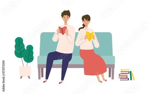 Vector illustration of a couple reading books. Man and woman have a relaxing day off.