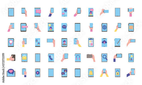 bundle of fifty smartphones devices set icons photo
