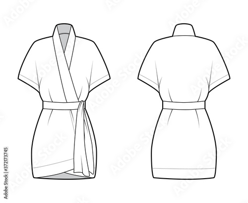 Kimono technical fashion illustration with short batwing sleeves, belt to cinch the waist, above-the-knee length. Flat apparel blouse template front back white color. Women men unisex shirt CAD mockup