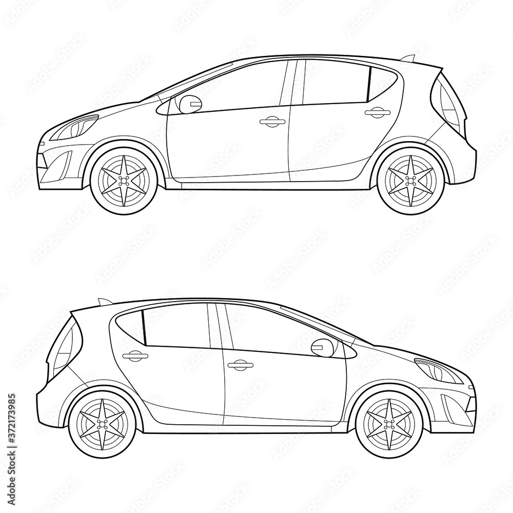 outline drawing left and right side of modern hatchback automobile car vector illustrations