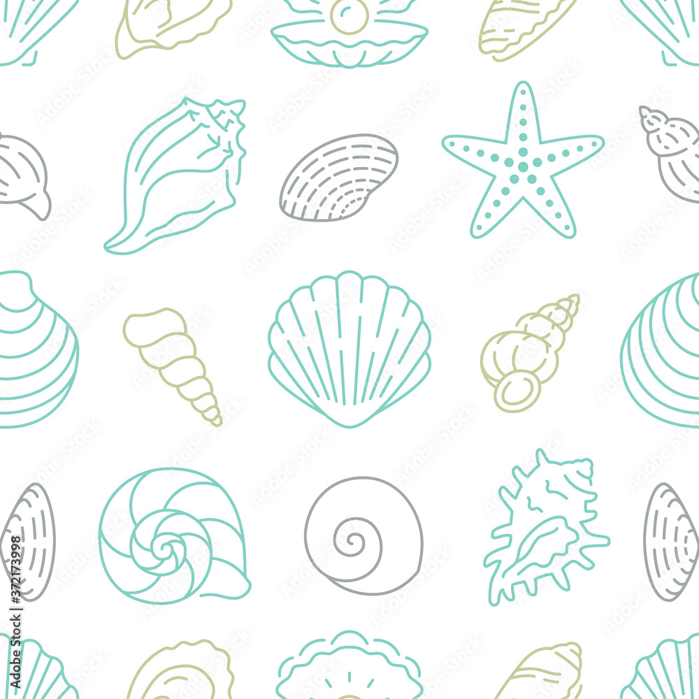 Seashell seamless pattern. Vector background included line icons as ocean sea shells, scallop, starfish, clam, oyster, nautical texture for fabric. White, blue and gold color Seashell seamless pattern. Vector background included line icons as ocean sea shells, scallop, starfish, clam, oyster, nautical texture for fabric. White, blue and gold color