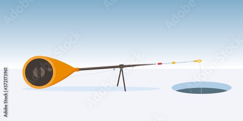 Ice fishing rod over the hole in ice. Winter fishing vector illustration.