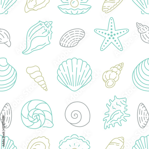 Seashell seamless pattern. Vector background included line icons as ocean sea shells, scallop, starfish, clam, oyster, nautical texture for fabric. White, blue and gold color