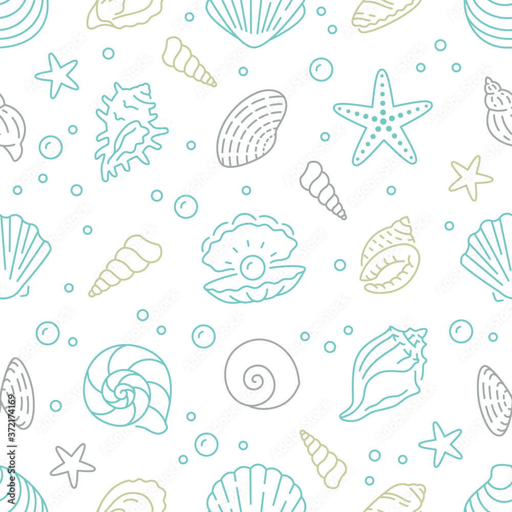 Seashell seamless pattern. Vector background included line icons as ocean sea shells, scallop, starfish, clam, oyster, nautical texture for fabric. White, blue and gold color Seashell seamless pattern. Vector background included line icons as ocean sea shells, scallop, starfish, clam, oyster, nautical texture for fabric. White, blue and gold color