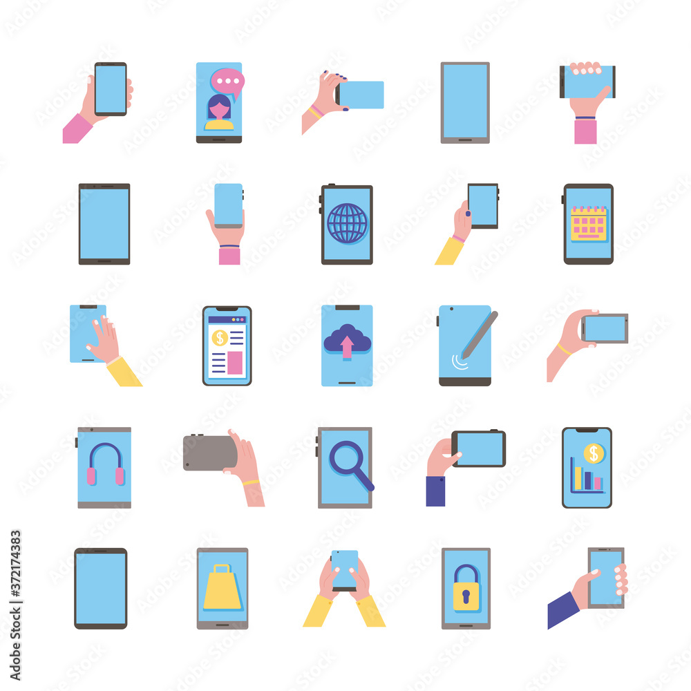 bundle of twenty five smartphones devices set icons