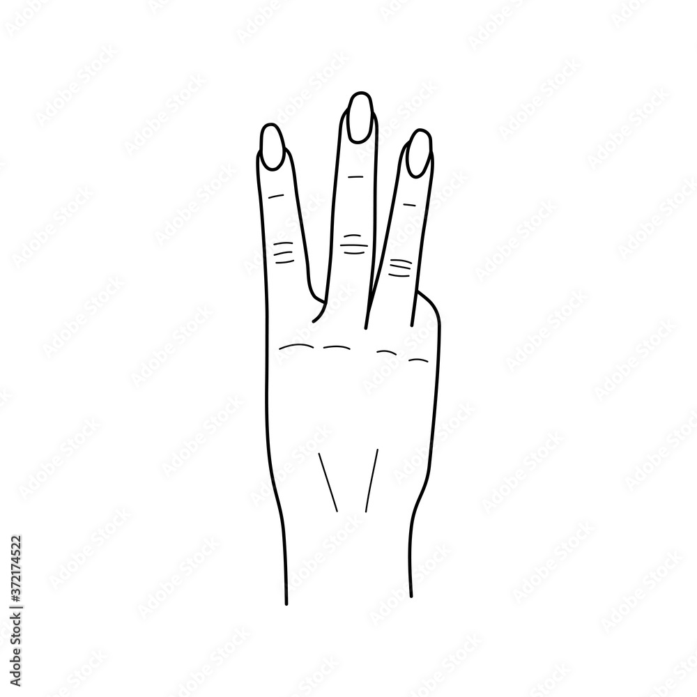 Woman hand with three fingers raised up. Sketch. Vector illustration. Woman hand with three fingers raised up. Sketch. Vector illustration.