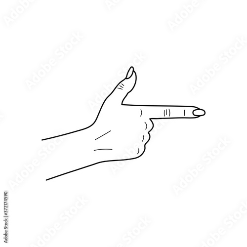 Female woman knuckle hand show bang gun finger. Human girl wow ok, good poster. Sketch. Vector illustration.