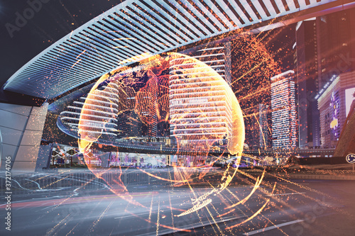 Multi exposure of social network theme drawing and cityscape background. Concept of people connecton.