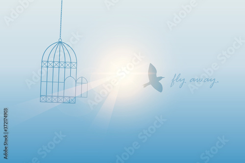 bird flies out of the cage into the sunny sky vector illustration EPS10
