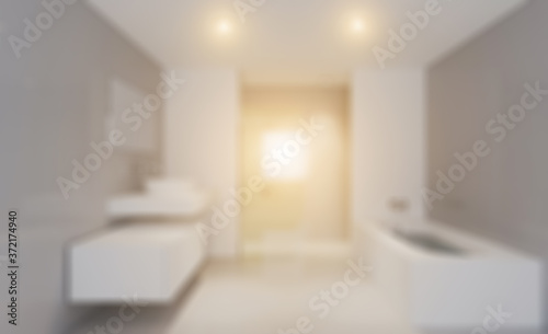 Unfocused  Blur phototography. Clean and fresh bathroom with natural light. 3D rendering.. Sunset.