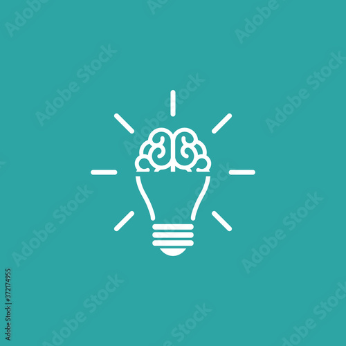 line bulb with brain and rays flat icon. Isolated on blue background.