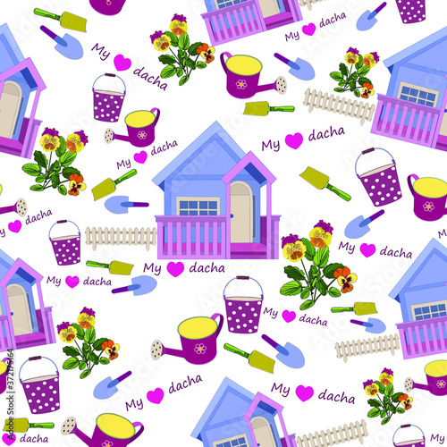 Seamless pattern of gardening tools, pansies, garden house and text. My favorite dacha.
