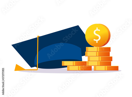 Scholarship graduate or education money loan credit concept, college tuition financial fee vector, study or learning knowledge investment cash, academic degree cost flat cartoon illustration modern