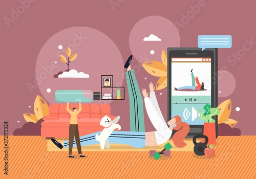 Fitness training, home workout. Girl doing sports with online trainer, vector flat illustration