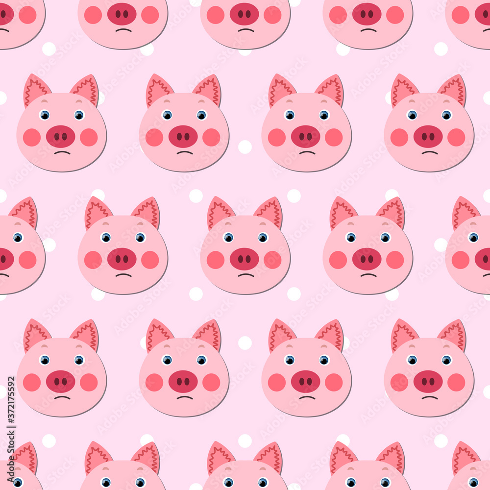 Vector flat animals colorful illustration for kids. Seamless pattern with cute pig face on pink polka dots background. Adorable cartoon character. Design for textures, card, poster, fabric, textile.