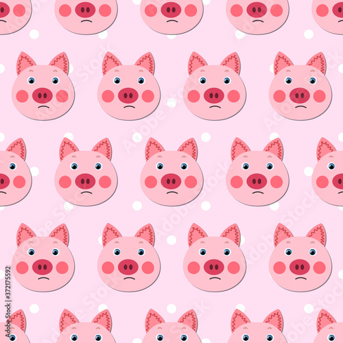 Vector flat animals colorful illustration for kids. Seamless pattern with cute pig face on pink polka dots background. Adorable cartoon character. Design for textures  card  poster  fabric  textile.