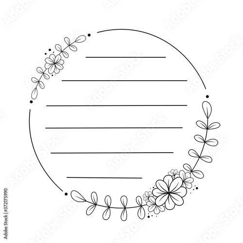 Doodle flowers and leaves in circle frame. Black line in for message like notepaper. Silhouette use to cricut, cut file.Vector illustration about stationery.