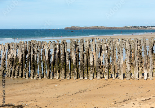 Big breakwater and beach in Saint Malo, 3000 trunks to defend the city from the tides, Ille-et-Vilaine, Brittany, France