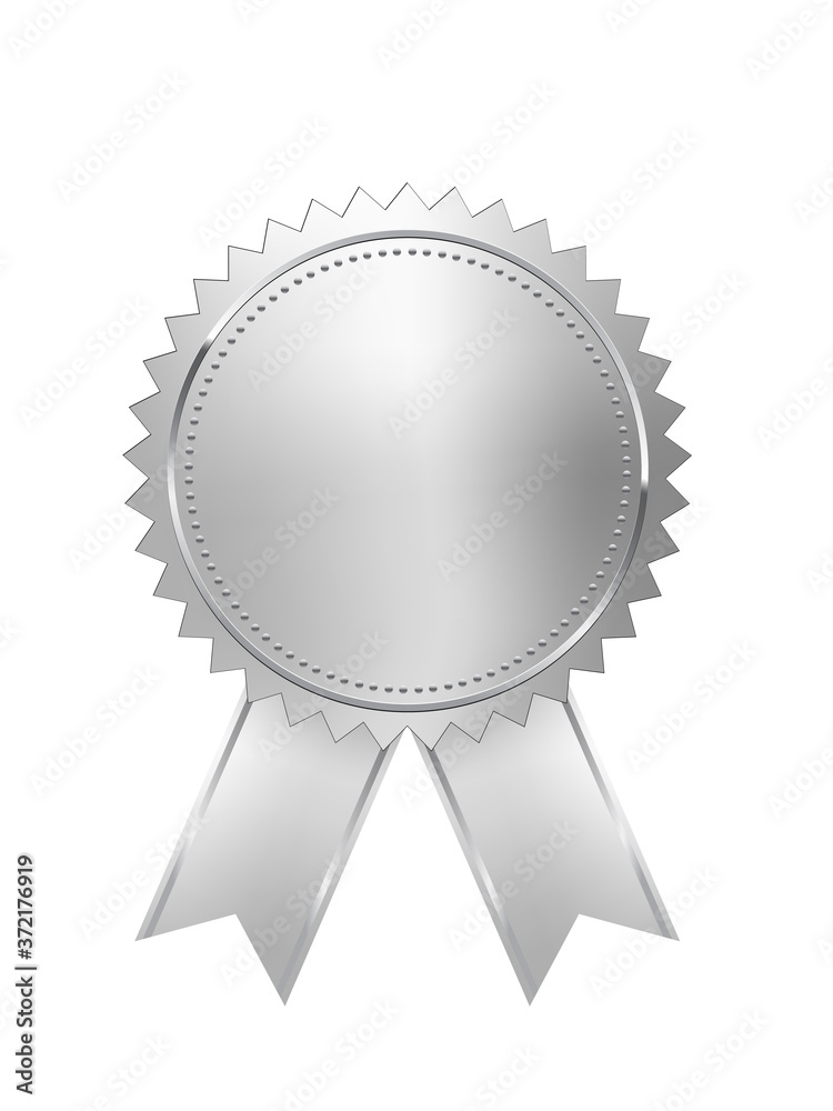 Silver stamp with ribbons isolated on white background. Luxury chrome seal. Vector design element