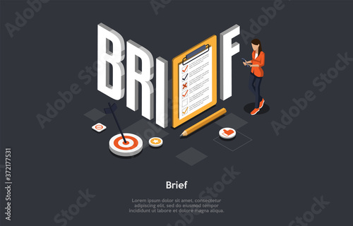 Work Tasks And Activities Assignment Concept. Female Manager Is Drafting, Checking And Editing A Brief List Of Work Tasks For Employees Using A Smartphone. Colorful 3d Isometric Vector Illustration