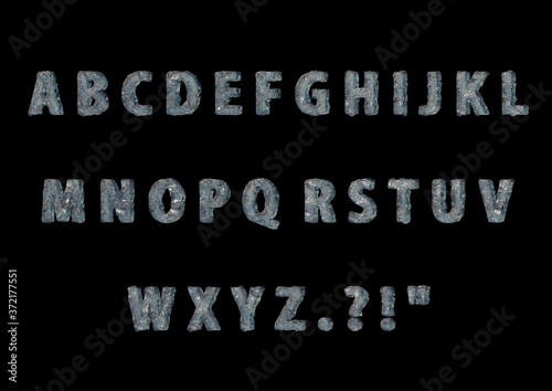 Ice alphabet with bevel on black background, slightly angled. 3D render or illustration.	