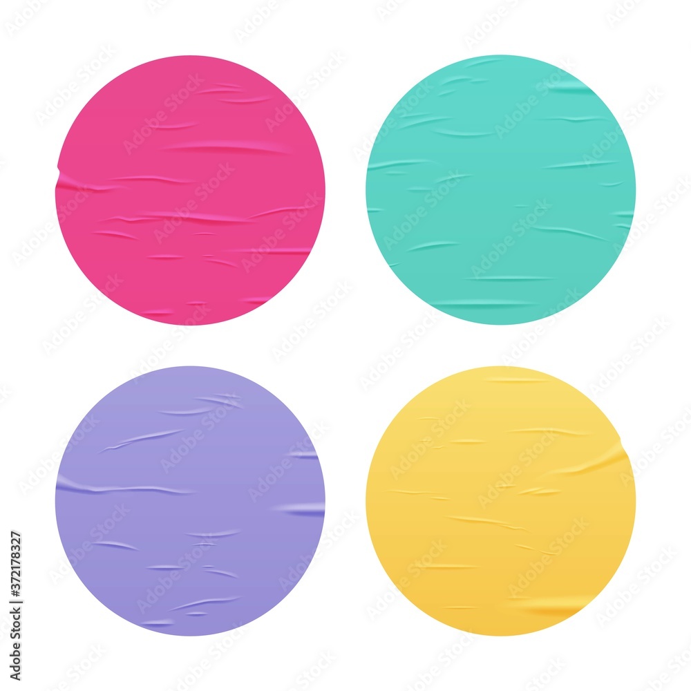 Glued color round stickers set isolated on white background. Vector realistic crumpled posters bundle. Empty advertising circles mockup for creative design. Glued color round stickers set isolated on white background. Vector realistic crumpled posters bundle. Empty advertising circles mockup for creative design.