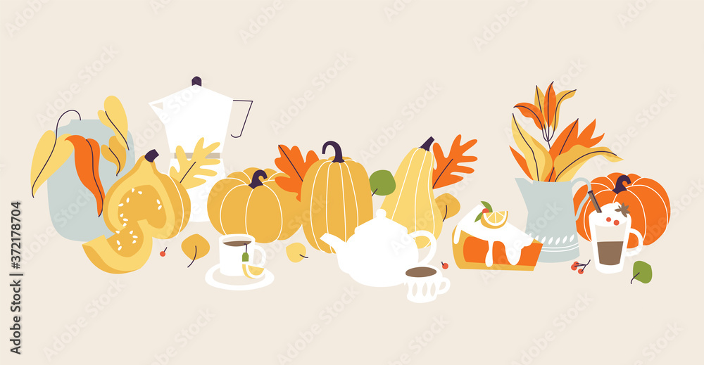 Vector illustration autumn mood. Fall season items background. Forest dried leaves, pumpkins, berries, hot drinks decorative composition.