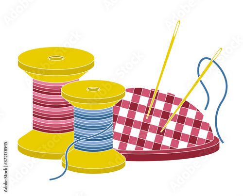 Spool of thread and needle bar with needle bar. Vector isolated illustration on white background.