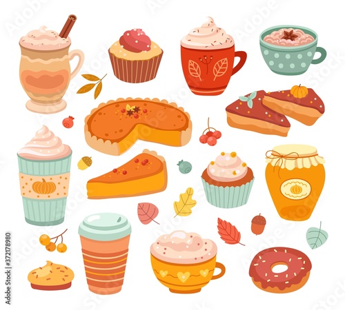 Pumpkin spice. Fall season aroma product, autumn sweet baking. Delicious flavors pastry dessert, food and latte coffee vector illustration. Aroma fall eating colorful collection