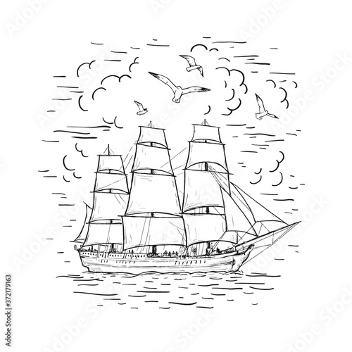 Marine sketch hand drawn vector sailboat, clouds, seagulls. Vintage frigate on the sea. Black line isolated on white