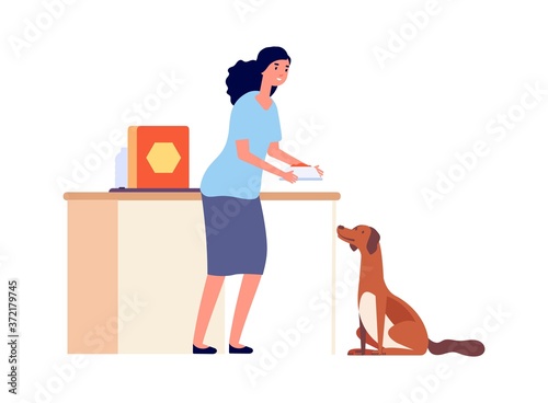 Girl feed dog. Isolated happy pet owner character. Woman and dog, adopt or volunteering vector illustration. Woman and pet dog, owner character girl