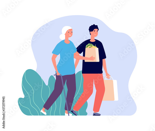 Social work. Man helping grandmother, young boy carries food elderly lady. Family characters or volunteering vector illustration. Social care volunteer, grandmother character, assistance and support