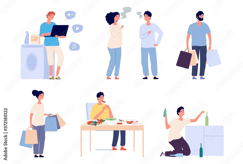 Adult bad habits. Different addictions, people drink alcohol, smoking overeating shopping. Isolated man woman characters unhealthy vector illustration. Person unhealthy alcoholic, addicted smoking Adult bad habits. Different addictions, people drink alcohol, smoking overeating shopping. Isolated man woman characters unhealthy vector illustration. Person unhealthy alcoholic, addicted smoking