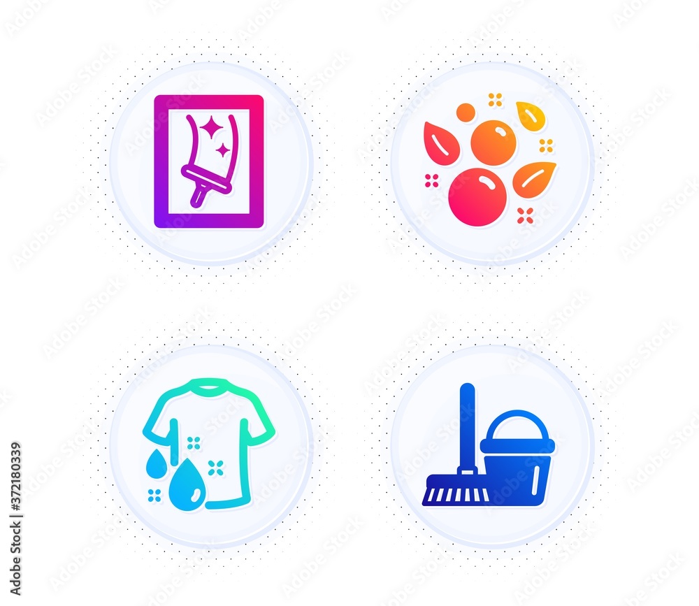 Wash t-shirt, Clean bubbles and Window cleaning icons simple set. Button with halftone dots. Bucket with mop sign. Laundry shirt, Laundry shampoo, Housekeeping service. Cleaner equipment. Vector