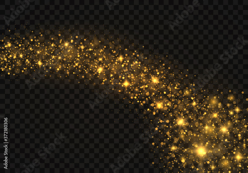 Sparkling magical dust particles, colorful lights bokeh. The dust sparks and golden stars shine with special light on a black transparent background. Golden shiny light effect. Vector sparkles.
