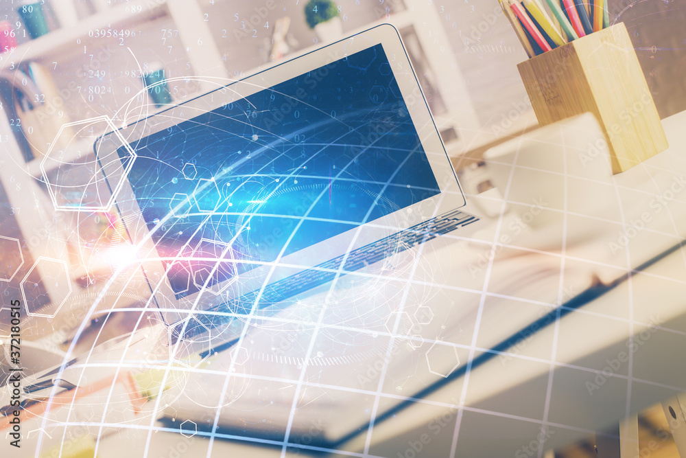 Double exposure of desktop with computer and world map hologram. International data network concept. Double exposure of desktop with computer and world map hologram. International data network concept.