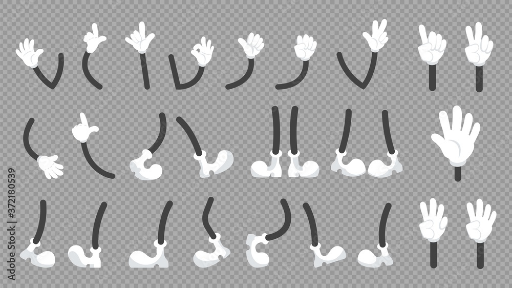 Cartoon comic legs and hands. Cute arm in white gloves and feet in boots or  shoes. Isolated gestures characters, animation kit vector illustration.  Cartoon foot and footwear part hand and leg Stock