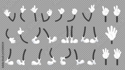 Cartoon comic legs and hands. Cute arm in white gloves and feet in boots or shoes. Isolated gestures characters, animation kit vector illustration. Cartoon foot and footwear part hand and leg
