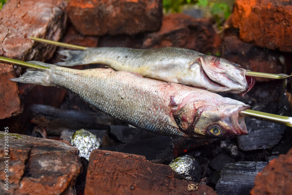 two fish on skewers on grill barbecue burning charcoal two fish on skewers on grill barbecue burning charcoal