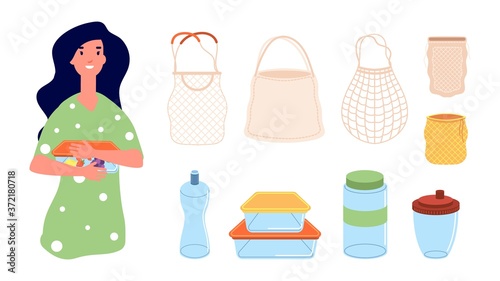 Eco bags. Woman with reusable lunch box. Zero waste elements, isolated textile packages for shopping. Containers for food, mugs and bottle vector illustration. Female with zero waste bag