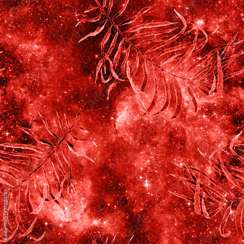 Exotic seamless pattern. Red universe background.  photo