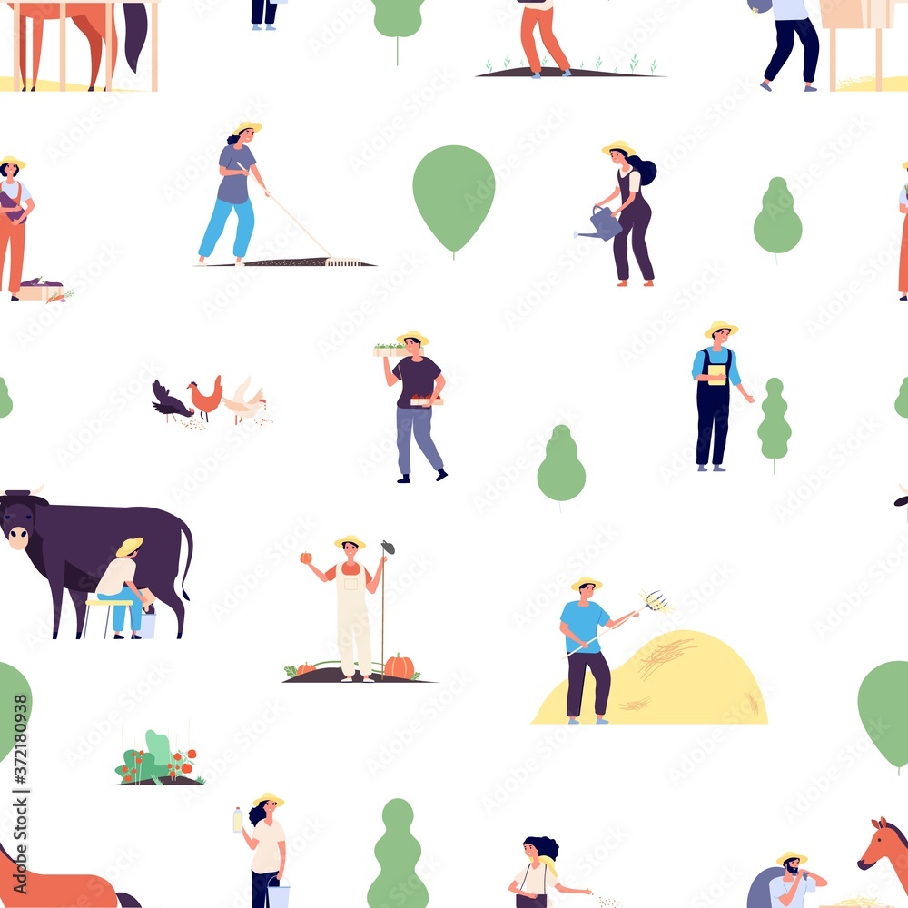Farmers pattern. Gardener team, agriculture or harvest time. People on village with horse and cow, planting characters vector seamless texture. Farm grow plant, gardening vegetable illustration