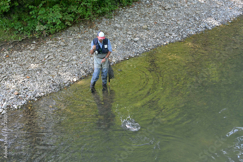 fly fisherman in summer catching a rainbow trout fishing in a mountain river