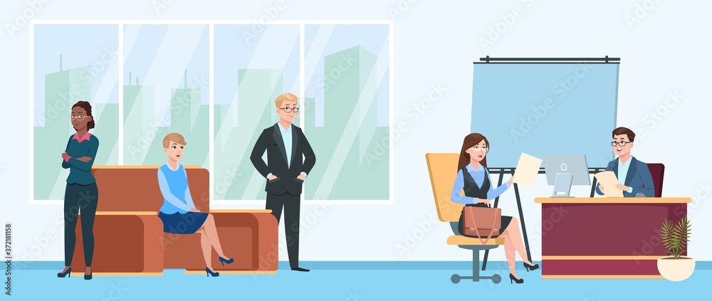 Job interview queue. People in room wait line, cartoon nervous woman man characters. HR or recruitment office, employees seeking. Male female waiting appointment lawyer or manager vector illustration