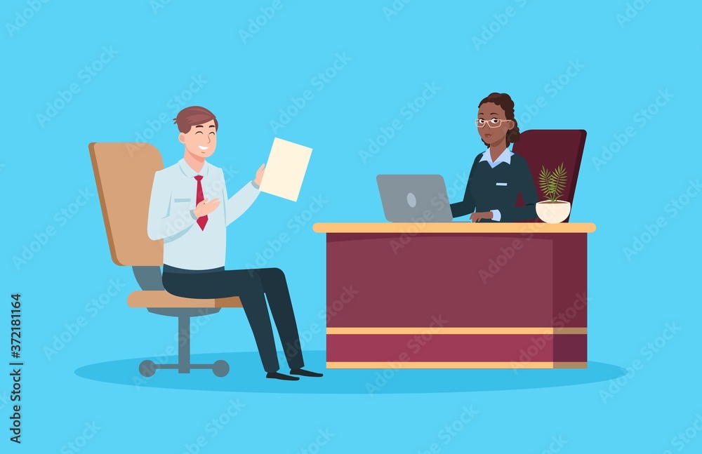 Man on job interview. Isolated work meeting, HR management or recruitment agency. Cartoon male employee and business woman have conversation. Young manager and boss vector illustration Man on job interview. Isolated work meeting, HR management or recruitment agency. Cartoon male employee and business woman have conversation. Young manager and boss vector illustration