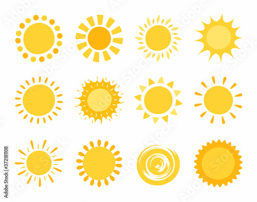 Vector set of hand drawn funny cute sun icons. Symbols of the sun isolated on white background. Cartoon summer icon for website, web button, mobile app, weather design. Sun emoji.Funny summer sunshine