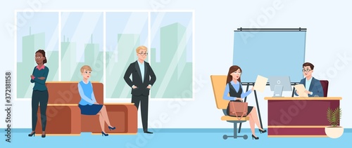 Job interview queue. People in room wait line, cartoon nervous woman man characters. HR or recruitment office, employees seeking. Male female waiting appointment lawyer or manager vector illustration