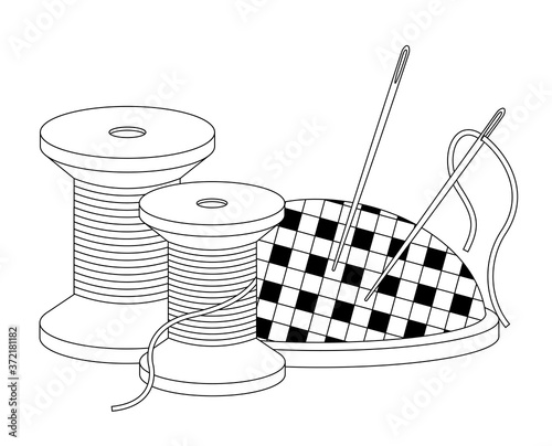 Line icon spool of thread and needle bar with needle bar. Vector isolated illustration on white background