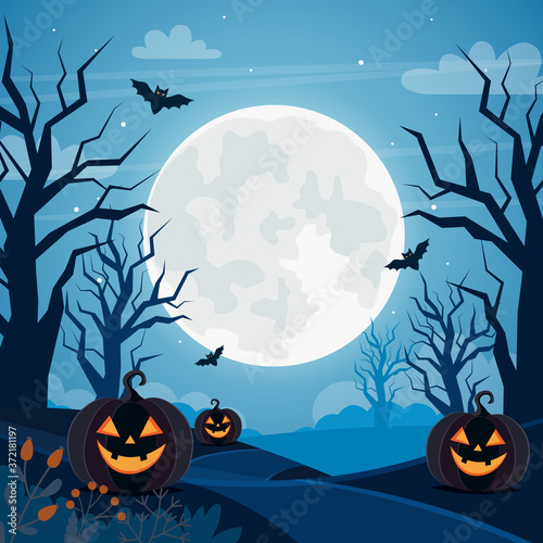 Halloween background with full moon, pumpkins and trees